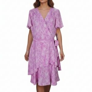 Tahari ASL Faux Wrap Dress Size 10 Pink Snake Print Layered Flutter Sleeves Belt